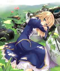 Rule 34 | 1girl, artoria pendragon (all), artoria pendragon (fate), bankoku ayuya, barefoot, blonde hair, blush, collarbone, dress, fate/zero, fate (series), flower, grass, green eyes, gun, hair down, handgun, long hair, looking at viewer, lying, motor vehicle, motorcycle, mouth hold, ribbon, rifle-caliber handgun, rifle-caliber pistol, saber (fate), sitting, solo, sun, sunlight, thompson/center contender, tire, vehicle, weapon