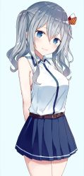 Rule 34 | 10s, 1girl, arms behind back, bare arms, bare shoulders, blue eyes, blush, breasts, casual, hair ornament, highres, kantai collection, kashima (kancolle), long hair, looking at viewer, medium breasts, pleated skirt, shikuro (iorimiyakiyo), silver hair, skirt, smile, solo, standing, twintails, wavy hair