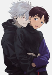 Rule 34 | 11kkr, 2boys, :d, alternate costume, black hoodie, black sweater, blue eyes, brown hair, checkered clothes, checkered shirt, closed mouth, collared shirt, green hair, hand on own arm, highres, hood, hoodie, hug, hug from behind, ikari shinji, looking at another, medium hair, multicolored clothes, multiple boys, nagisa kaworu, neon genesis evangelion, open mouth, red eyes, shirt, short hair, simple background, smile, standing, sweater, turtleneck, upper body, white background, yaoi