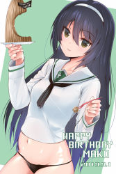 Rule 34 | 1girl, amasora taichi, black hair, black neckwear, black panties, blush, breasts, brown eyes, character name, closed mouth, commentary request, dated, fingernails, food, food request, fork, girls und panzer, green background, hair between eyes, hairband, happy birthday, highres, holding, holding fork, holding plate, long hair, long sleeves, looking at viewer, navel, no pants, panties, plate, reizei mako, sailor collar, shirt, small breasts, smile, solo, two-tone background, underwear, very long hair, white background, white hairband, white sailor collar, white shirt