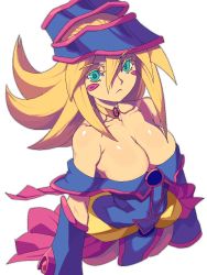 Rule 34 | 1girl, bad id, bad twitter id, bare shoulders, blonde hair, blush stickers, breasts, choker, cleavage, collarbone, dark magician girl, detached sleeves, duel monster, eyebrows visible through hat, green eyes, hat, highres, large breasts, long hair, looking at viewer, metata, off shoulder, simple background, solo, upper body, white background, wizard hat, yu-gi-oh!, yu-gi-oh! duel monsters