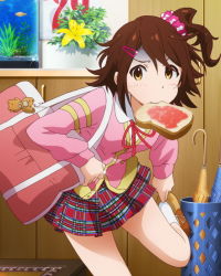 Rule 34 | 10s, 1girl, artist request, bag, bear, bread slice, brown eyes, brown hair, food, food in mouth, hair ornament, hairclip, idolmaster, idolmaster million live!, kasuga mirai, charm (object), late for school, looking at viewer, messy hair, mouth hold, official art, one side up, ribbon, school uniform, scrunchie, skirt, socks, solo, toast, toast in mouth, turn pale, umbrella, white socks