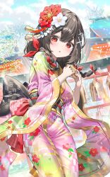 1girl back_bow black_bow black_hair blush bow commentary commission ema floral_print floral_print_kimono flower hair_bow hair_flower hair_ornament highres holding holding_ema japanese_clothes kanzashi kimono kiramarukou long_sleeves looking_at_viewer low_twintails new_year open_mouth original osage-chan_(nejiwasa) outdoors pink_kimono pink_nails print_kimono red_bow red_eyes sash shrine skeb_commission solo tsumami_kanzashi twintails wide_sleeves x_hair_ornament