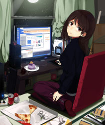Rule 34 | 1girl, bad id, bad pixiv id, blue sweater, book, box, brown eyes, brown hair, cactus, cake, can, cardboard box, closed mouth, coca-cola, computer, cup, drinking glass, food, fork, from behind, indoors, internet, computer keyboard, kneeling, long hair, long sleeves, looking at viewer, looking back, messy room, monitor, computer mouse, mousepad (object), night, notepad, original, pants, pixiv, pizza, plant, potted plant, sasamori tomoe, sitting, snow, solo, sweater, track pants, wariza, window, window (computing)