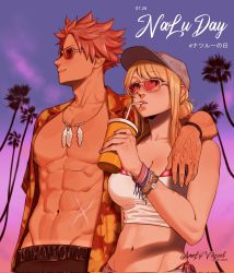 Rule 34 | 1boy, 1girl, abs, annlu vazzel, arm around neck, artist name, bandeau, bikini, blonde hair, breasts, cleavage, contemporary, cup, dated, disposable cup, drinking straw, fairy tail, groin, hair bun, hat, highres, jewelry, large breasts, lucy heartfilia, midriff, natsu dragneel, navel, necklace, open clothes, open shirt, palm tree, pectorals, pink bikini, pink hair, scar, scar on stomach, side-tie bikini bottom, smile, spiked hair, sunglasses, swimsuit, tree, veins, wristband
