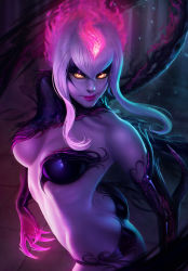 Rule 34 | 1girl, ass, bare shoulders, breasts, bright pupils, colored skin, domeano, evelynn (league of legends), facial mark, fingernails, glowing, glowing eyes, hair between eyes, half-closed eyes, highres, league of legends, lipstick, looking at viewer, makeup, mascara, medium breasts, navel, pink lips, purple skin, sharp fingernails, solo, stomach, white hair, yellow eyes