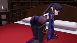 Rule 34 | 1girl, 3d, all fours, artist request, ass, bed, breasts, detached sleeves, elbow gloves, from behind, genshin impact, gloves, green eyes, highres, huge ass, leotard, long hair, looking at viewer, looking back, mona (genshin impact), pantyhose, purple hair, solo, thighlet, twintails, very long hair
