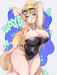 Rule 34 | 1girl, armpits, arms behind head, azur lane, bismarck (azur lane), bismarck zwei (azur lane), bismarck zwei (crystal-clear holiday) (azur lane), black one-piece swimsuit, blonde hair, blue eyes, blush, breasts, cleavage, eyewear on head, hair between eyes, hairband, highres, jewelry, kive, large breasts, long hair, looking at viewer, narrow waist, necklace, one-piece swimsuit, ponytail, sidelocks, simple background, swimsuit, thighs, tying hair, wide hips