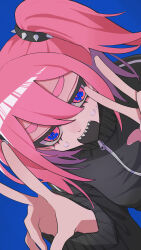 Rule 34 | 1girl, absurdres, black track suit, blue background, double v, hair between eyes, highres, jitome, kobayashi nemu, konton boogie (vocaloid), long sleeves, looking at viewer, open mouth, sharp teeth, sidelocks, simple background, smile, solo, sweat, symbol-shaped pupils, teeth, thick eyebrows, track suit, twintails, upper body, v, vocaloid, zipper