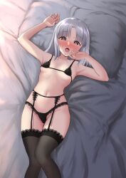 Rule 34 | 1girl, absurdres, armpits, bed, black bra, black panties, black thighhighs, blush, bra, brave witches, breasts, brown eyes, collarbone, edytha rossmann, embarrassed, garter belt, garter straps, highres, kuroniko, lingerie, looking at viewer, lying, navel, on back, on bed, open mouth, panties, short hair, small breasts, solo, thighhighs, thong, underwear, white hair, world witches series