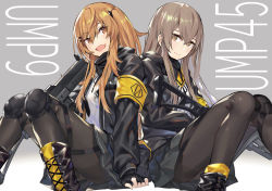 Rule 34 | 2girls, :d, armband, bad id, bad pixiv id, black gloves, black pantyhose, black skirt, boots, brown eyes, brown hair, character name, closed mouth, cross-laced footwear, crossed bangs, fang, fingerless gloves, girls&#039; frontline, gloves, gradient background, grey background, grey eyes, grey hair, gun, h&amp;k ump, hair ornament, hairclip, heckler &amp; koch, jacket, knee pads, knees up, lace-up boots, long hair, looking at viewer, miniskirt, multiple girls, noy, open mouth, panties, pantyhose, pantyshot, scarf, siblings, sisters, sitting, skirt, smile, submachine gun, twins, twintails, ump45 (girls&#039; frontline), ump9 (girls&#039; frontline), underwear, weapon