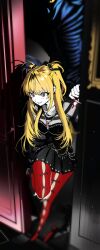 Rule 34 | 1girl, 2pineapplepizza, absurdres, amane misa, black dress, death note, dress, highres, light smile, opening door, solo, standing, standing on one leg, thighhighs