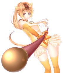 Rule 34 | 10s, 1girl, animal ears, blonde hair, circlet, elbow gloves, gloves, golden snub-nosed monkey (kemono friends), high ponytail, holding, holding staff, kemono friends, leotard, long hair, monkey ears, monkey tail, multicolored hair, noppi (noppi 98), ponytail, simple background, solo, staff, standing, tail, thighhighs, two-tone hair, yellow eyes