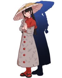 Rule 34 | 1girl, afterimage, ajirogasa, bad source, black hair, braid, buttons, cape, coat, commentary, earlobes, full body, grey coat, hat, long earlobes, mefomefo, own hands together, red cape, red eyes, red legwear, sandals, simple background, smile, snow, solo, standing, touhou, twin braids, yatadera narumi