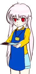 Rule 34 | 1girl, alice sawyer, apron, female focus, holding, holding tray, ikea, indie virtual youtuber, long hair, pink hair, red eyes, shirt, simple background, smile, solo, standing, thegeniea1, tray, uniform, virtual youtuber, white background, yellow shirt