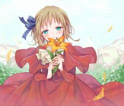 Rule 34 | 1girl, aqua eyes, ascot, axis powers hetalia, blue bow, blue eyes, blush, bow, brown hair, capelet, closed mouth, cowboy shot, day, dress, falling petals, field, floating clothes, flower, flower field, hair bow, hands up, holding, holding flower, liechtenstein (hetalia), motion blur, nature, orange flower, petals, red capelet, red dress, shio konbu (syoko128), short hair, solo, white ascot, wind