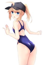 Rule 34 | 10s, 1girl, ahoge, artoria pendragon (fate), ass, baseball cap, blonde hair, blue eyes, blue hat, blue one-piece swimsuit, competition swimsuit, cowboy shot, cross (crossryou), fate/extella, fate/extra, fate/grand order, fate (series), from behind, hair through headwear, hat, long hair, looking at viewer, mysterious heroine x (fate), one-piece swimsuit, ponytail, rojiura satsuki: chapter heroine sanctuary, simple background, solo, swimsuit, white background