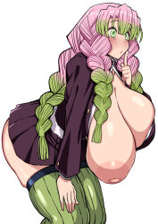 Rule 34 | 1girl, accidental exposure, ass, blush, braid, breasts, cleavage, confused, curvy, finger on face, gigantic breasts, green eyes, green hair, hand on knee, hanging breasts, highres, huge breasts, kanroji mitsuri, kimetsu no yaiba, komusou (jinrikisha), large areolae, long hair, mole, multicolored hair, nipples, one breast out, pink hair, skirt, solo, squatting, thick thighs, thighhighs, thighs, thinking, uniform, wardrobe malfunction, wide-eyed