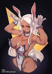 Rule 34 | 1girl, animal ears, areola slip, armpits, arms up, artist name, bare shoulders, blue trim, boku no hero academia, breasts, choker, collarbone, commentary, cropped legs, dark-skinned female, dark skin, english commentary, gloves, hands up, highres, large breasts, leotard, long eyelashes, long hair, looking at viewer, mirko, parted bangs, rabbit ears, rabbit girl, rabbit pose, rabbit tail, raised eyebrow, red eyes, red lips, sleepysleipnir, smile, solo, strapless, tail, teeth, toned, twitter username, uneven eyes, very long hair, white choker, white gloves, white hair, white leotard