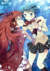 Rule 34 | 10s, 2girls, air bubble, bad id, bad pixiv id, blue eyes, blue hair, blush, bow, bubble, eye contact, gleision adain, hair bow, holding hands, interlocked fingers, long hair, looking at another, mahou shoujo madoka magica, mahou shoujo madoka magica (anime), miki sayaka, multiple girls, own hands together, ponytail, red eyes, red hair, sakura kyoko, school uniform, short hair, skirt, thighhighs, underwater, water