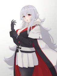 Rule 34 | 1girl, azur lane, black cape, black gloves, black jacket, black pantyhose, breasts, cape, capelet, cleavage, cross, gloves, graf zeppelin (azur lane), grey background, grey hair, hair between eyes, highres, iron cross, jacket, large breasts, long hair, looking to the side, miniskirt, motirimoti, pantyhose, pleated skirt, red cape, red eyes, simple background, skirt, solo, two-tone cape, very long hair, white capelet, white skirt
