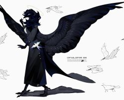 Rule 34 | 1girl, absurdres, barefoot, beak, bird, bird girl, bird legs, bird tail, bird wings, black dress, black hair, black wings, commentary, crrn, dress, english commentary, feathered wings, from side, full body, furry, furry female, hand up, highres, long sleeves, looking at viewer, medium hair, original, simple background, solo, spread wings, tail, talons, white background, white eyes, wings