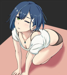 Rule 34 | 10s, 1girl, ;d, all fours, black panties, blue hair, blush, breasts, cleavage, darling in the franxx, feet, green eyes, hair ornament, hairclip, half-closed eyes, ichigo (darling in the franxx), jewelry, kneeling, looking at viewer, medium breasts, necklace, one eye closed, open mouth, panties, shirt, short hair, smile, solo, underwear, white shirt, yunkaiming