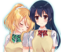Rule 34 | 2girls, ayase eli, bad id, bad pixiv id, blonde hair, blue hair, blush, bow, bowtie, cable, closed eyes, closed mouth, commentary request, earbuds, earphones, green neckwear, hair between eyes, leaning on person, long hair, love live!, love live! school idol project, multiple girls, nanahachi, open mouth, otonokizaka school uniform, ponytail, red neckwear, school uniform, scrunchie, shared earphones, shirt, short sleeves, simple background, sleeping, sleeping on person, sleeping upright, smile, sonoda umi, striped bow, striped bowtie, striped clothes, striped neckwear, upper body, vest, white background, white shirt, yellow eyes, yuri