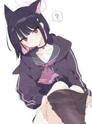 Rule 34 | 1girl, ?, animal ears, ascot, black choker, black hair, black pantyhose, blue archive, blunt bangs, cat ears, cat girl, choker, closed mouth, collarbone, colored inner hair, dot nose, grey sailor collar, halo, highres, hood, hoodie, kazusa (blue archive), long sleeves, looking at viewer, medium hair, multicolored hair, pantyhose, pink hair, purple ascot, purple hoodie, red eyes, sailor collar, see-through, see-through legwear, simple background, solo, spoken question mark, sweatdrop, two-tone hair, undressing, white background, ymm007xx