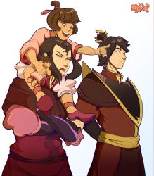 Rule 34 | :d, absurdres, armor, arms behind back, avatar legends, azula, brown eyes, brown hair, carrying, child, cosmicdraghon, crossed arms, doll, gold trim, hair ornament, highres, holding, holding doll, kiyi (avatar), lipstick, makeup, open mouth, paid reward available, pointing, red eyes, red footwear, short hair, shoulder carry, siblings, smile, standing, topknot, uniform, white background, zuko