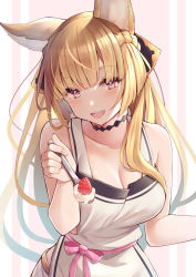 Rule 34 | 1girl, animal ears, apron, black ribbon, blonde hair, breasts, cleavage, commentary request, cream, erune, food, fruit, granblue fantasy, hair ribbon, highres, keima ron, long hair, looking at viewer, medium breasts, pink eyes, ribbon, solo, strawberry, white apron, yuisis (granblue fantasy)