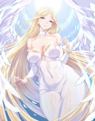 Rule 34 | 1girl, angel, angel wings, bare shoulders, blonde hair, blue eyes, breasts, castlevania (series), castlevania: dawn of sorrow, character request, choker, cleavage, covered erect nipples, detached sleeves, dress, earrings, feathers, highres, jewelry, kous (onetwojustice), large breasts, long hair, looking at viewer, solo, strapless, strapless dress, very long hair, white choker, white dress, white wings, wings