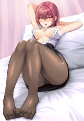 Rule 34 | 1girl, absurdres, armpits, bed, blush, breasts, cleavage, commentary request, feet, heterochromia, highres, hololive, houshou marine, houshou marine (businesswoman), jewelry, knees up, large breasts, legs, necklace, no bra, no shoes, open clothes, open mouth, open shirt, pantyhose, pillow, red eyes, red hair, revision, roomurariyuu, short hair, skirt, solo, spread toes, steaming body, toenails, toes, virtual youtuber, yellow eyes