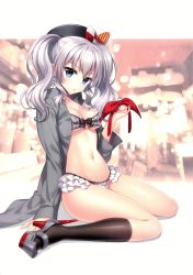 Rule 34 | 1girl, absurdres, an2a, arm support, beret, black socks, blue hair, blurry, blurry background, bra, breasts, cleavage, collarbone, frills, fur trim, grey shirt, hat, highres, kantai collection, kashima (kancolle), kneehighs, lingerie, long hair, long sleeves, looking at viewer, medium breasts, navel, open clothes, open shirt, panties, scan, shiny skin, shirt, shoes, silver hair, simple background, sitting, socks, solo, stomach, twintails, underwear, wariza