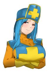 Rule 34 | 1girl, aqua hair, bakkanki, blush, bodysuit, breasts, closed mouth, cross, dragon quest, dragon quest iii, gloves, hat, large breasts, long hair, looking at viewer, mitre, orange bodysuit, priest (dq3), red eyes, sideboob, simple background, skin tight, solo, tabard, white background