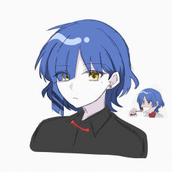 Rule 34 | 1girl, black shirt, blue hair, bocchi the rock!, closed mouth, commentary request, cropped torso, earrings, eating, hair ornament, hairclip, holding, holding spoon, jacket, jewelry, mole, mole under eye, multiple views, open mouth, partial commentary, popouyu212, red shirt, shirt, short hair, simple background, spoon, stud earrings, upper body, white background, white jacket, yamada ryo, yellow eyes
