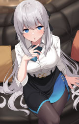 Rule 34 | 1girl, black bow, blue eyes, bow, braid, breasts, fate/grand order, fate (series), french braid, grey hair, hair bow, highres, large breasts, long hair, looking at viewer, morgan le fay (chaldea satellite station) (fate), morgan le fay (fate), pantyhose, ponytail, sidelocks, solo, suiroh (shideoukami), thighs, very long hair