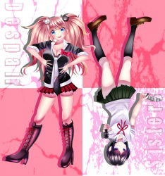 Rule 34 | aiming, aiming at viewer, bear hair ornament, black footwear, black hair, black neckwear, black shirt, black skirt, blonde hair, blood, blood splatter, blush, boots, bow, bowtie, breasts, brown footwear, calf boots, calf socks, closed mouth, combat boots, danganronpa: trigger happy havoc, danganronpa (series), english text, enoshima junko, gun, hair ornament, handgun, hands on own chest, head tilt, heels, high heel boots, high heels, highres, holding, holding gun, holding knife, holding weapon, ikusaba mukuro, knife, leather, leather boots, looking at viewer, medium breasts, medium hair, multicolored background, multicolored neckwear, neck ribbon, necktie, open mouth, pink background, pink blood, plaid, plaid skirt, pleated skirt, red bow, red ribbon, red skirt, ribbon, shirt, short sleeves, siblings, sisters, skirt, smile, teeth, thighs, tongue, twins, twintails, upper teeth only, upside-down, weapon, white background, white neckwear, white shirt