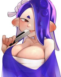 Rule 34 | 1girl, absurdres, arm at side, asymmetrical hair, blue hair, breasts, chest sarashi, cleavage, collarbone, ear piercing, female focus, hair ornament, hair over one eye, hand fan, highres, holding, holding fan, kumako (kumakonoh), large breasts, long hair, looking at viewer, nintendo, octoling player character, parted lips, piercing, poncho, red eyes, sarashi, see-through, shiver (splatoon), simple background, smile, solo, splatoon (series), splatoon 3, suction cups, tentacle hair, underboob, upper body, white background