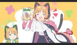 Rule 34 | 2girls, absurdres, animal ear headphones, animal ears, black gloves, black skirt, blonde hair, blue archive, bow, cat tail, closed eyes, fake animal ears, gloves, green bow, green eyes, green halo, hair bow, halo, headphones, highres, holding, jacket, laika (sputnik2nd), long sleeves, midori (blue archive), momoi (blue archive), multiple girls, open mouth, parted lips, pink halo, pleated skirt, red bow, shirt, short hair, siblings, sisters, skirt, smile, tail, twins, two-sided fabric, two-sided jacket, white shirt