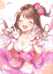 Rule 34 | 1girl, :d, ^ ^, anoa, bad id, bad twitter id, blurry, blush, bow, breasts, brown eyes, brown hair, choker, cleavage, closed eyes, depth of field, double w, dress, earrings, falling petals, flower, gloves, half updo, highres, idolmaster, idolmaster cinderella girls, jewelry, long hair, medium breasts, one side up, open mouth, petals, rose, shimamura uzuki, simple background, smile, solo, swept bangs, teeth, upper teeth only, w, white background, white gloves