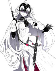 Rule 34 | 1girl, ahoge, armor, armored dress, bare shoulders, breasts, chain, fate/grand order, fate (series), gloves, grey eyes, greyscale, head tilt, headpiece, jeanne d&#039;arc (fate), jeanne d&#039;arc alter (avenger) (fate), jeanne d&#039;arc alter (avenger) (third ascension) (fate), jeanne d&#039;arc alter (fate), long hair, medium breasts, monochrome, parted lips, ririko (zhuoyandesailaer), sheath, sheathed, simple background, solo, spot color, sword, v-shaped eyebrows, vambraces, very long hair, weapon, white background