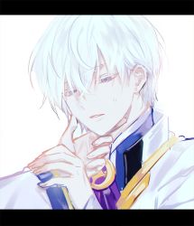 Rule 34 | 1boy, blue eyes, coat, elsword, frown, hand on another&#039;s arm, harque ebalon, letterboxed, loble, long sleeves, looking to the side, male focus, parted lips, short hair, sketch, solo, sweatdrop, teeth, white background, white hair