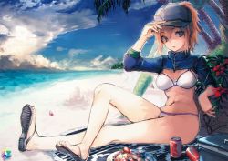 Rule 34 | 1girl, ahoge, artoria pendragon (fate), baseball cap, beach, beach mat, bikini, blonde hair, blue eyes, blue hat, blue jacket, breasts, can, cloud, cloudy sky, commentary request, cropped jacket, day, drink can, fate/grand order, fate (series), flower, food, hair between eyes, hat, hibiscus, holding, holding removed eyewear, jacket, medium breasts, mysterious heroine x (fate), mysterious heroine xx (fate), navel, ocean, outdoors, palm tree, ponytail, rean (r ean), sandals, shrug (clothing), sky, soda can, solo, swimsuit, tree, unworn eyewear, white bikini, wristband, zipper pull tab