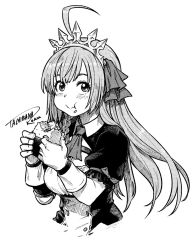 Rule 34 | 1girl, :t, ahoge, blush, buttons, closed mouth, crown, double-breasted, eating, food, gloves, greyscale, highres, holding, holding food, looking at viewer, monochrome, onigiri, pecorine (princess connect!), princess connect!, puffy short sleeves, puffy sleeves, short sleeves, signature, simple background, smile, solo, split mouth, tachibana roku, upper body, white background