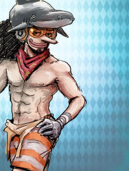 Rule 34 | 1boy, abs, argyle, argyle background, argyle clothes, bandana, black hair, blue background, gloves, goggles, hat, male focus, one piece, one piece film: z, setsu (nieve), shorts, solo, striped clothes, striped shorts, topless male, usopp