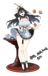 Rule 34 | 1girl, arm up, artist request, bare shoulders, black hair, blue eyes, breasts, cake, cleavage, closers, cup, dress, food, fruit, full body, head tilt, highres, holding, holding sword, holding weapon, large breasts, long hair, open mouth, plate, simple background, sleeveless, solo, standing, strawberry, sword, teacup, teapot, weapon, white background, yuri seo