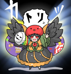 Rule 34 | . ., 1girl, :d, alternate color, animal, animal on head, bird, bird on head, bird wings, black hair, black wings, blouse, blush stickers, cake, candy, cape, edowan, eyeball, feathered wings, food, frilled skirt, frilled sleeves, frills, halloween, legs apart, long sleeves, on head, open mouth, orange shirt, parted bangs, party popper, red eyes, reiuji utsuho, shirt, skirt, smile, solo, third eye, touhou, wings