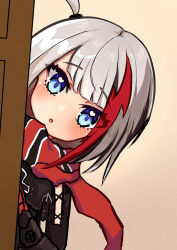Rule 34 | 1girl, :o, admiral graf spee (azur lane), ahoge, asagiri rey, azur lane, black jacket, blue eyes, blush, cross-laced clothes, door, grey hair, highres, jacket, multicolored hair, peeking out, red hair, red scarf, scarf, solo, streaked hair, striped clothes, striped scarf, upper body