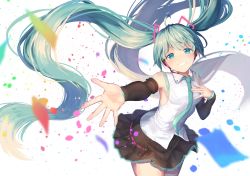 Rule 34 | 1girl, absurdres, aqua necktie, black skirt, blue eyes, blue hair, breasts, confetti, floating hair, hand on own chest, happy birthday, hatsune miku, hatsune miku (vocaloid4), highres, long hair, looking at viewer, necktie, open hand, reaching, reaching towards viewer, skirt, small breasts, smile, solo, twintails, very long hair, vocaloid, yuzuha wasa